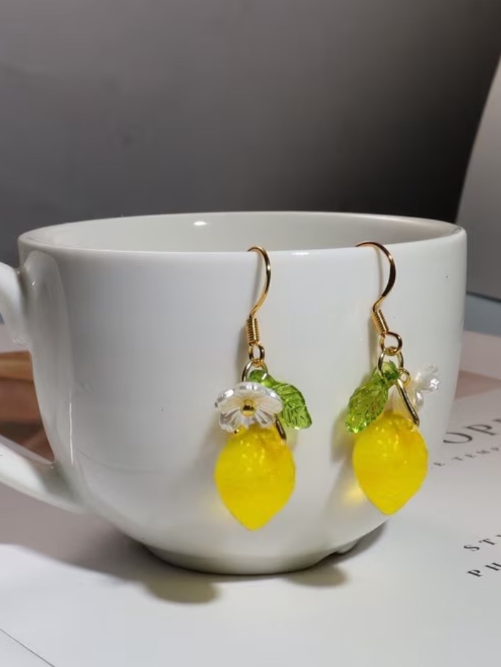 New Yellow Lemon Drop Dangle Earrings with Green Leaves - Women's Jewelry